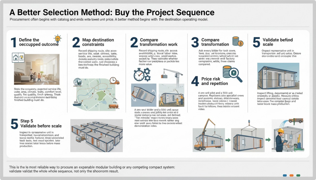 Five-step modular building selection process from defining project needs to validating a pilot unit before scale